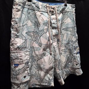 J. Crew Mens 33 Y2K Cargo Starfish Octopus Board Shorts Swim Trunks White Blue